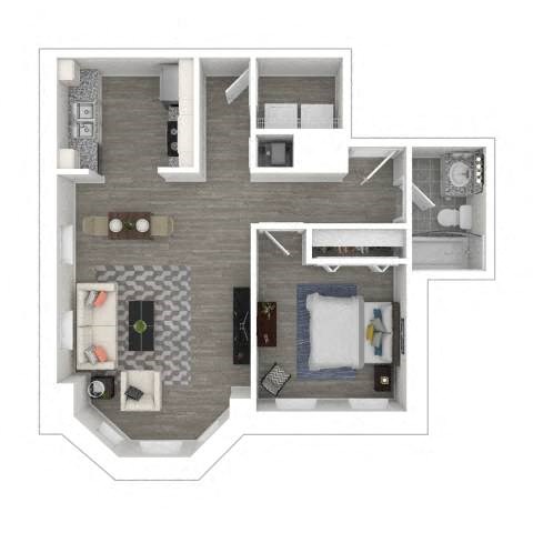Floor plan for 1 bed, 1 bath, 634 sqft